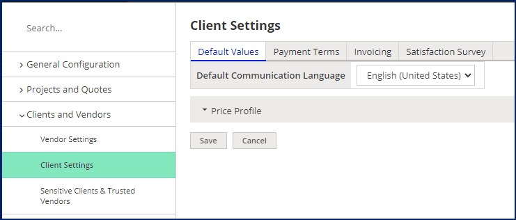 Default values tab (Client Settings)